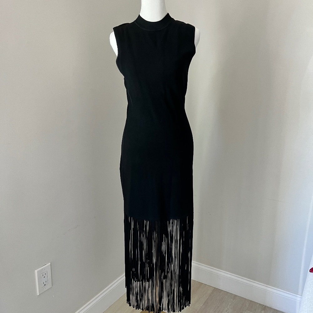 Sandro Size 40 Black Gloire Sleeveless Fringed Hem Dress